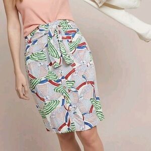 Conversations Anthropologie Skirt Womens 6 Umbrella Print Buttoned Linen Blend